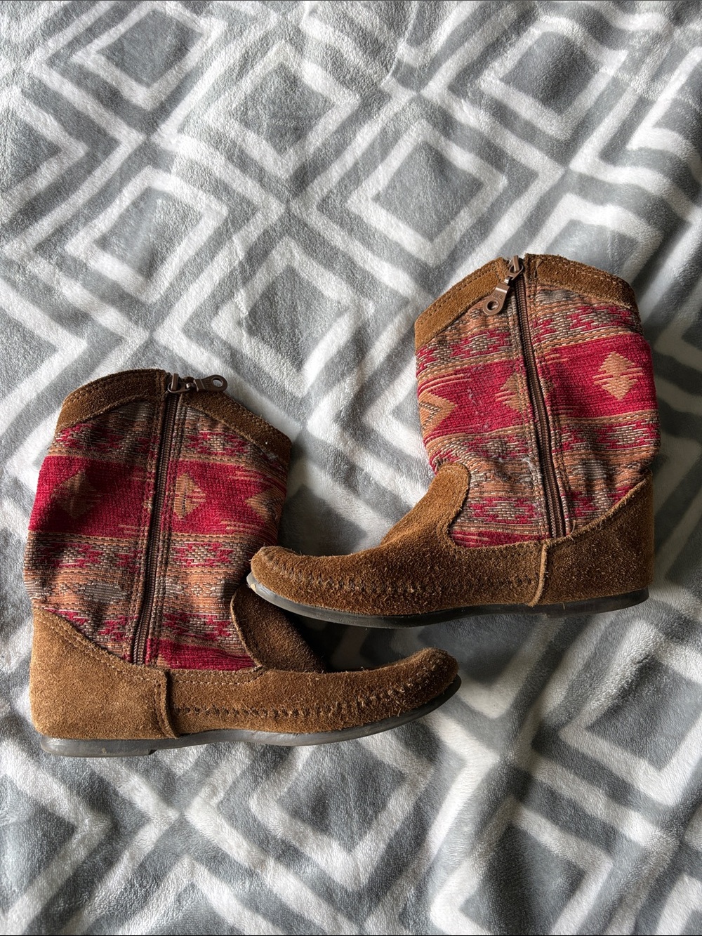 Minnetonka Brown Suede Moccasin Ankle Boots with Red Aztec Panels